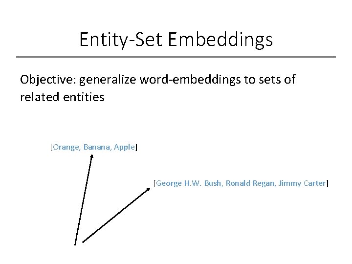 Entity-Set Embeddings Objective: generalize word-embeddings to sets of related entities [Orange, Banana, Apple] Apple