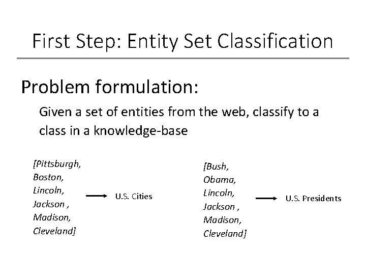 First Step: Entity Set Classification Problem formulation: Given a set of entities from the