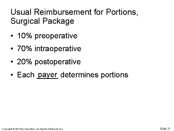 Usual Reimbursement for Portions, Surgical Package • 10% preoperative • 70% intraoperative • 20%