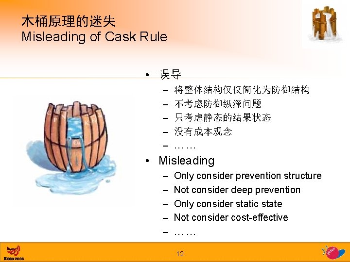 木桶原理的迷失 Misleading of Cask Rule • 误导 – – – 将整体结构仅仅简化为防御结构 不考虑防御纵深问题 只考虑静态的结果状态 没有成本观念