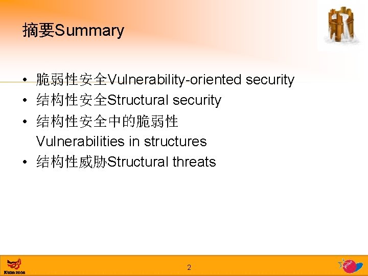 摘要Summary • 脆弱性安全Vulnerability-oriented security • 结构性安全Structural security • 结构性安全中的脆弱性 Vulnerabilities in structures • 结构性威胁Structural
