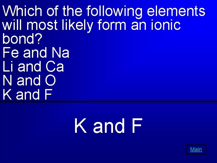 Which of the following elements will most likely form an ionic bond? Fe and