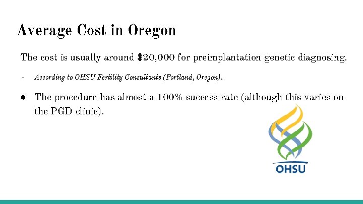 Average Cost in Oregon The cost is usually around $20, 000 for preimplantation genetic