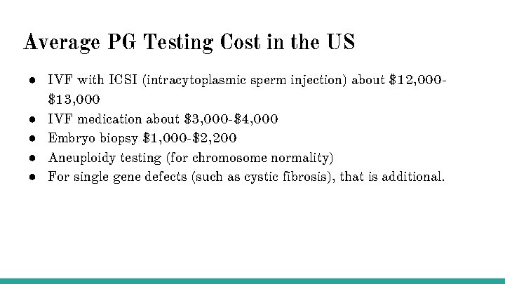 Average PG Testing Cost in the US ● IVF with ICSI (intracytoplasmic sperm injection)
