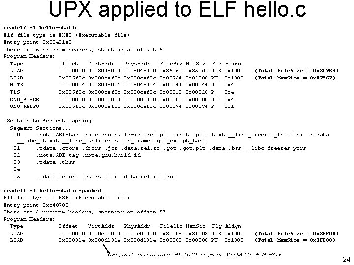 UPX applied to ELF hello. c readelf -l hello-static Elf file type is EXEC