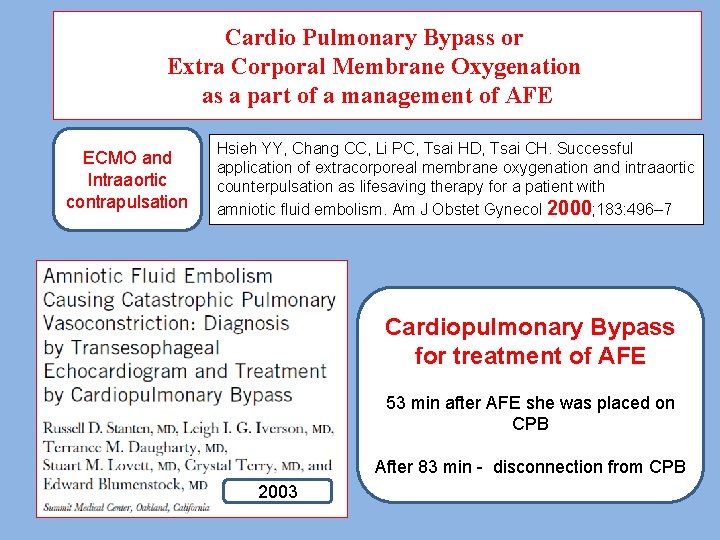 Cardio Pulmonary Bypass or Extra Corporal Membrane Oxygenation as a part of a management