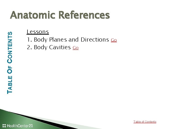 TABLE OF CONTENTS Anatomic References Lessons 1. Body Planes and Directions 2. Body Cavities