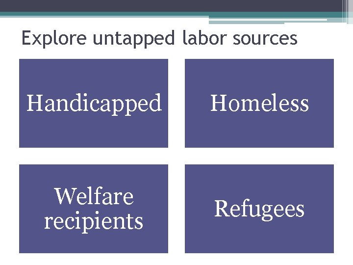 Explore untapped labor sources Handicapped Homeless Welfare recipients Refugees 