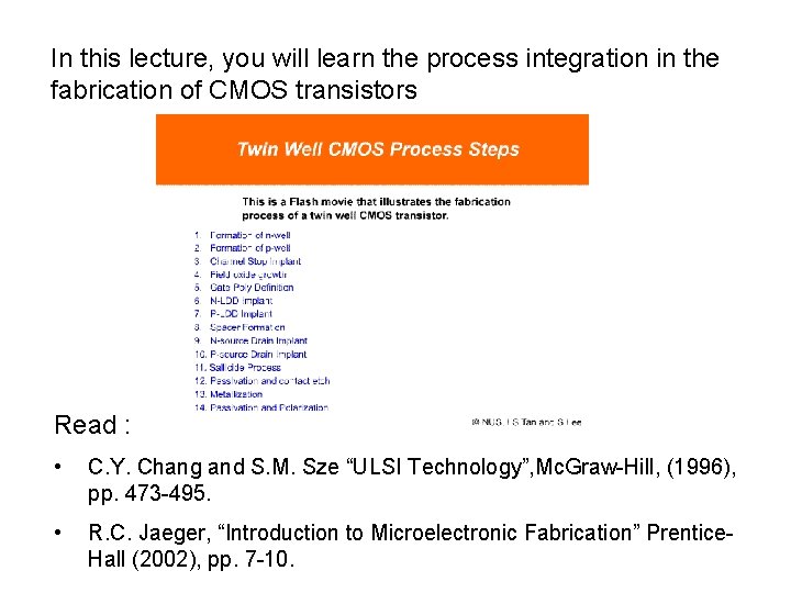 In this lecture, you will learn the process integration in the fabrication of CMOS