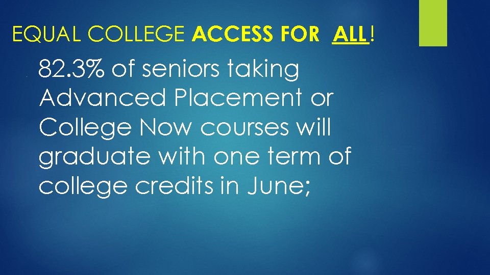 EQUAL COLLEGE ACCESS FOR ALL ! ● 82. 3% of seniors taking Advanced Placement