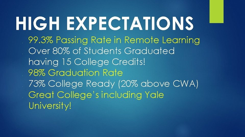 HIGH EXPECTATIONS ● ● ● 99. 3% Passing Rate in Remote Learning Over 80%