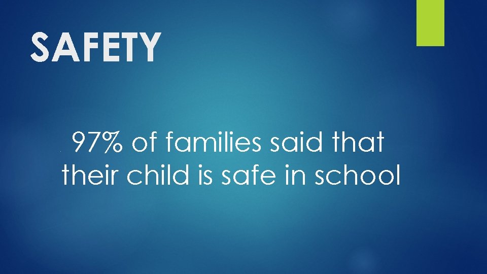 SAFETY 97% of families said that their child is safe in school ● 