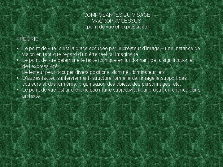 COMPOSANTES DU VISAGE MACROPROCESSUS (point de vue et expressivité) THÉORIE • Le point de