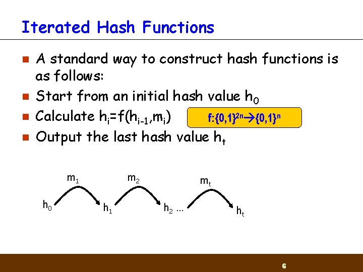 Iterated Hash Functions n n A standard way to construct hash functions is as