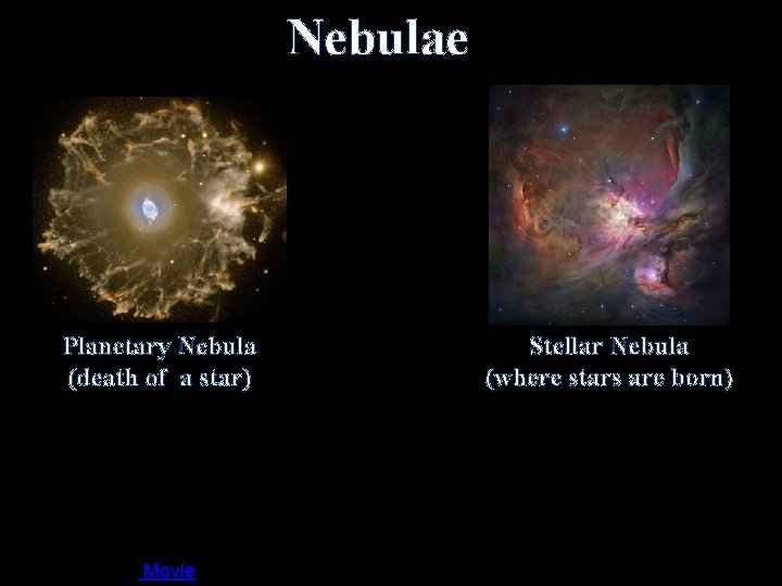 Nebulae Planetary Nebula (death of a star) Movie Stellar Nebula (where stars are born)
