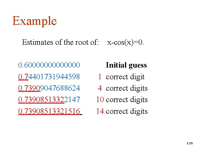 Example Estimates of the root of: 0. 60000000 0. 74401731944598 0. 73909047688624 0. 73908513322147