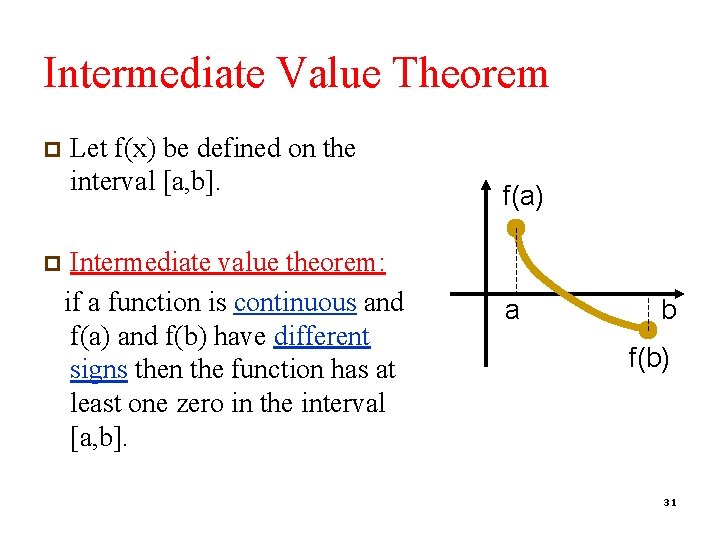 Intermediate Value Theorem p p Let f(x) be defined on the interval [a, b].