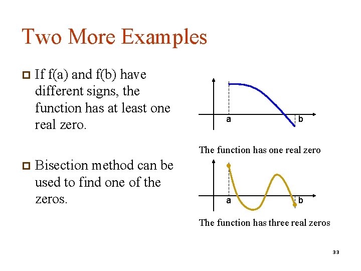 Two More Examples p If f(a) and f(b) have different signs, the function has