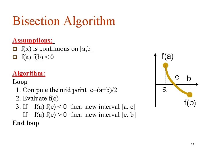 Bisection Algorithm Assumptions: p f(x) is continuous on [a, b] p f(a) f(b) <