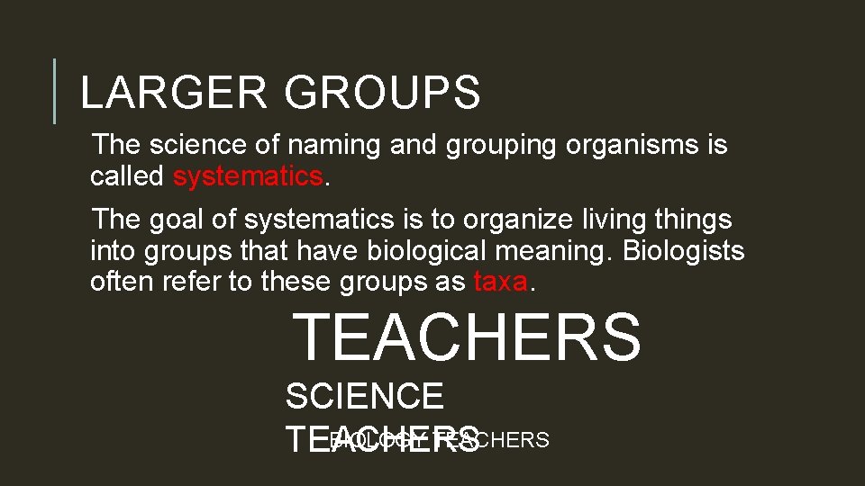 LARGER GROUPS The science of naming and grouping organisms is called systematics. The goal