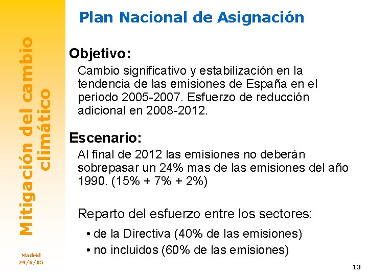 Mitigación del cambio climático Plan Nacional de Asignación Madrid 29/6/05 Objetivo: Cambio significativo y