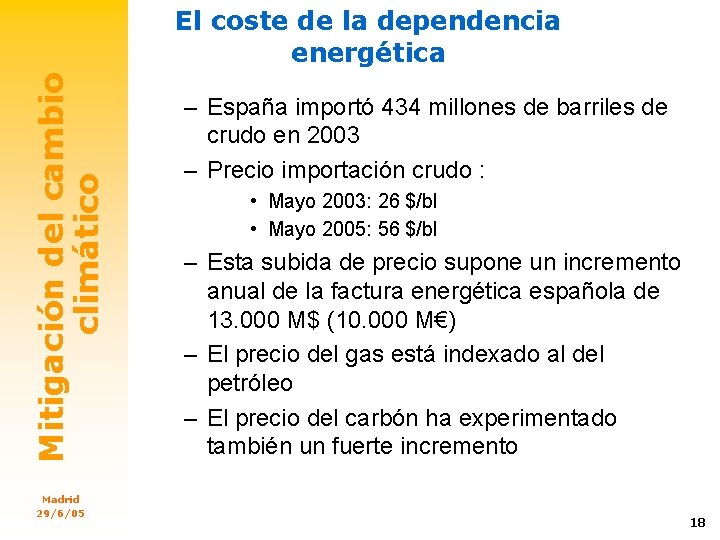 Mitigación del cambio climático El coste de la dependencia energética Madrid 29/6/05 – España