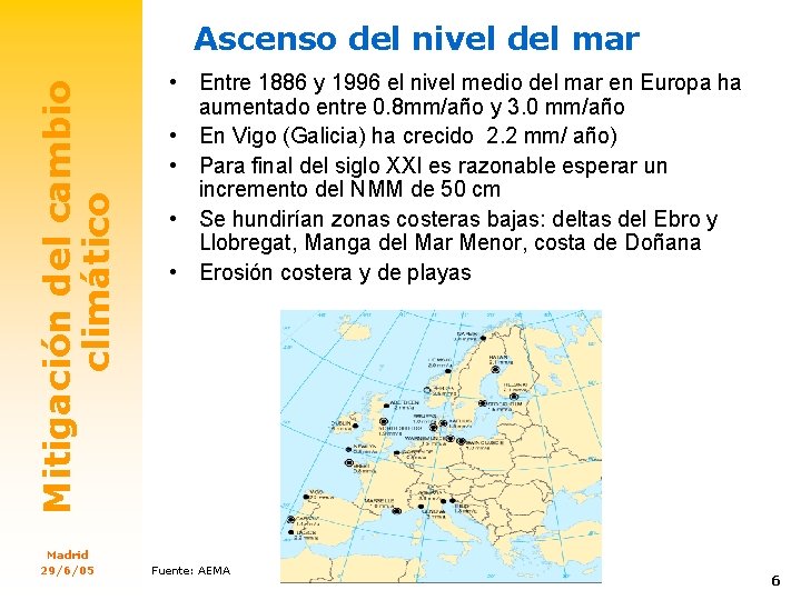 Mitigación del cambio climático Ascenso del nivel del mar Madrid 29/6/05 • Entre 1886