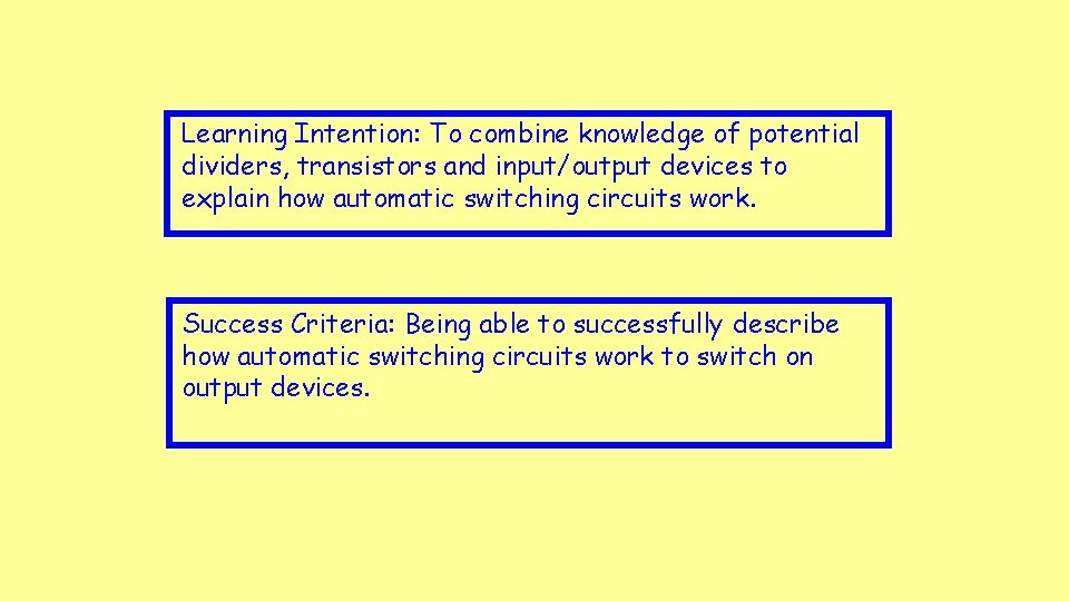 Learning Intention: To combine knowledge of potential dividers, transistors and input/output devices to explain