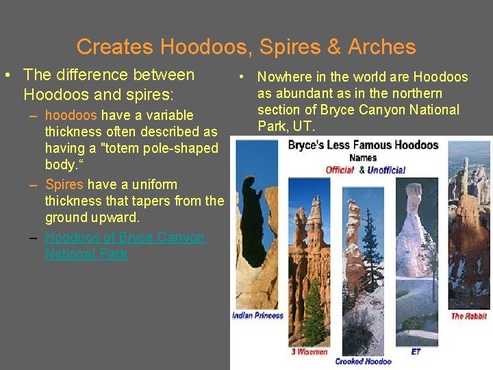 Creates Hoodoos, Spires & Arches • The difference between Hoodoos and spires: – hoodoos