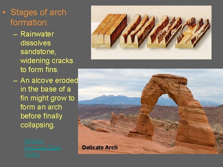  • Stages of arch formation: – Rainwater dissolves sandstone, widening cracks to form