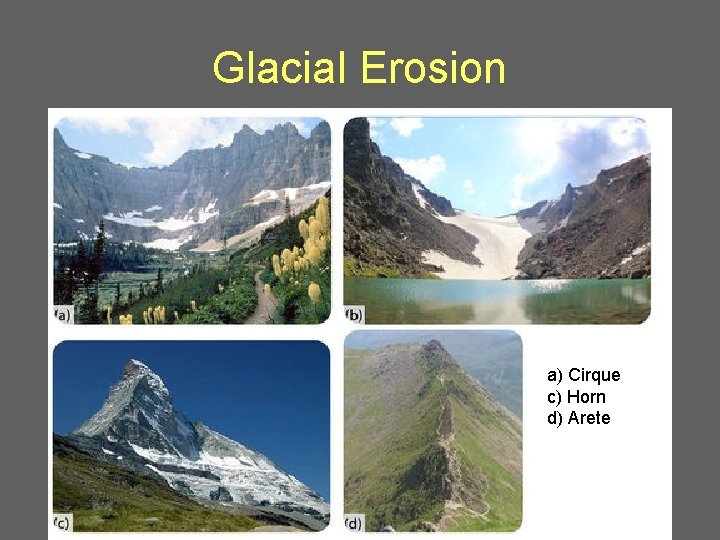 Glacial Erosion a) Cirque c) Horn d) Arete 