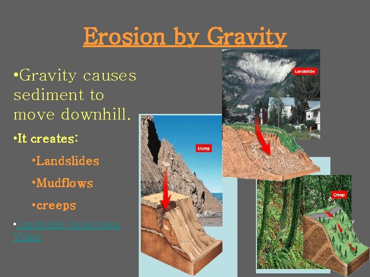 Erosion by Gravity • Gravity causes sediment to move downhill. • It creates: •