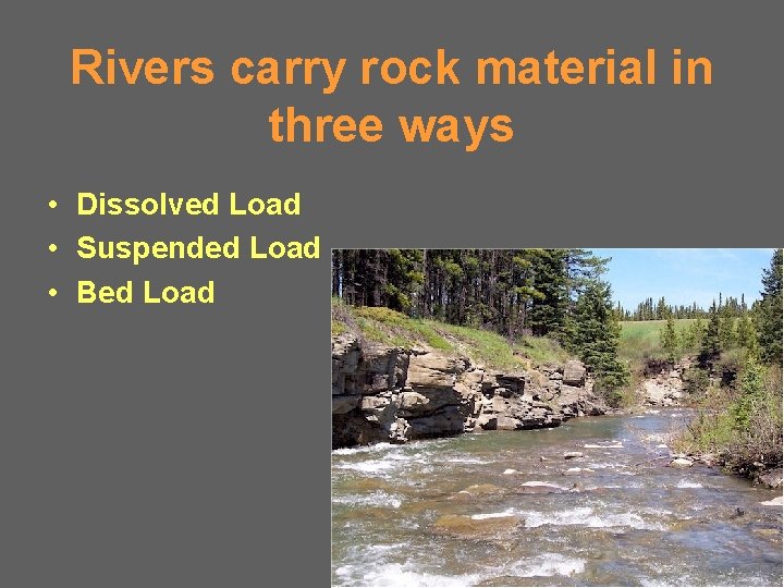 Rivers carry rock material in three ways • Dissolved Load • Suspended Load •
