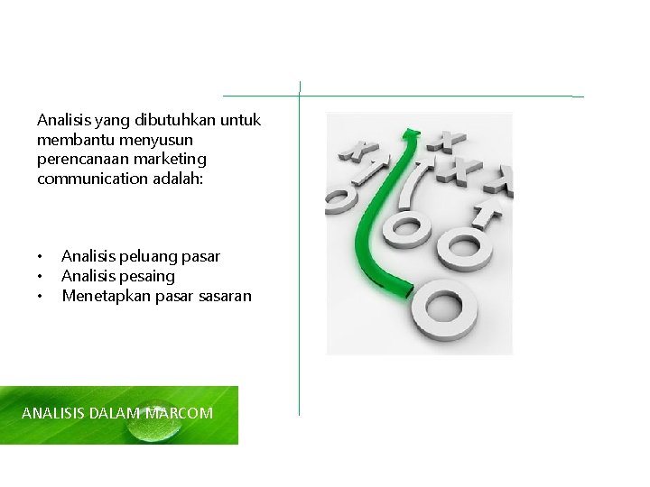 Analisis yang dibutuhkan untuk membantu menyusun perencanaan marketing communication adalah: • • • Analisis