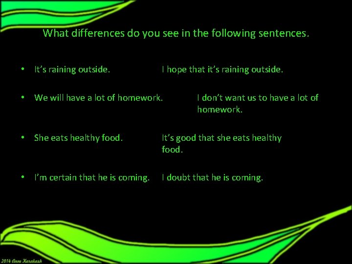 What differences do you see in the following sentences. • It’s raining outside. I What differences do you see in the following sentences. • It’s raining outside. I