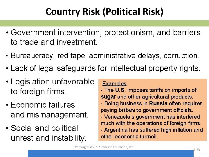 Country Risk (Political Risk) • Government intervention, protectionism, and barriers to trade and investment.