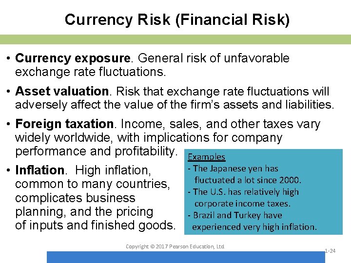 Currency Risk (Financial Risk) • Currency exposure. General risk of unfavorable exchange rate fluctuations.