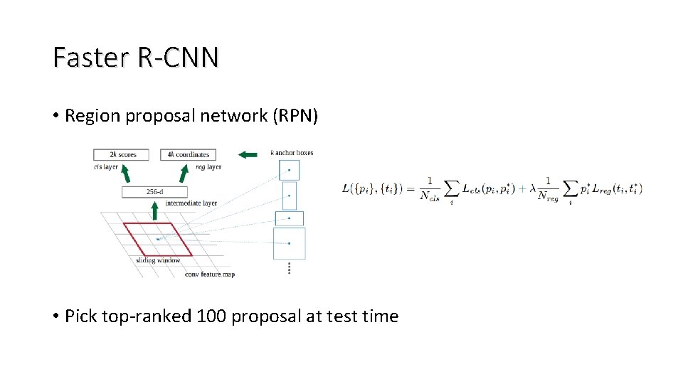 Faster R-CNN • Region proposal network (RPN) • Pick top-ranked 100 proposal at test