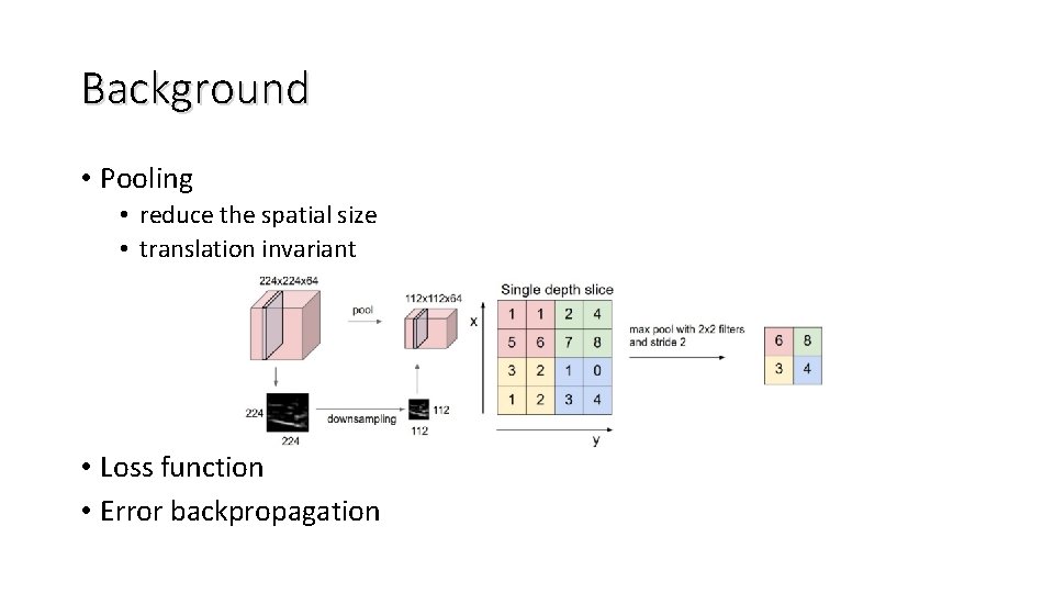 Background • Pooling • reduce the spatial size • translation invariant • Loss function