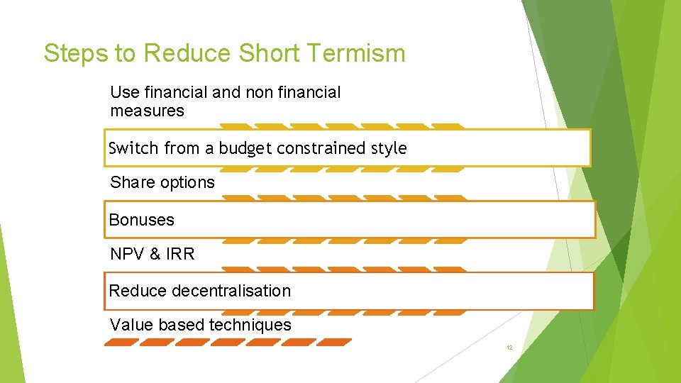 Steps to Reduce Short Termism Use financial and non financial measures Switch from a