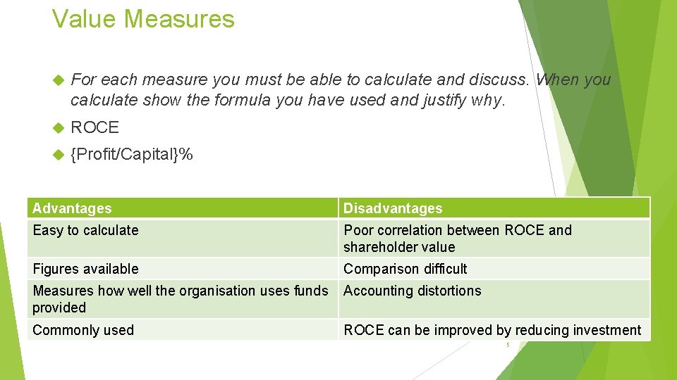 Value Measures For each measure you must be able to calculate and discuss. When