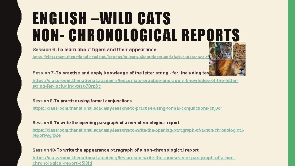 ENGLISH –WILD CATS NON- CHRONOLOGICAL REPORTS Session 6 -To learn about tigers and their