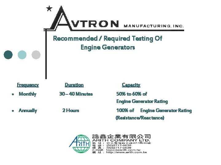 Recommended / Required Testing Of Engine Generators Frequency Monthly Annually Duration 30 – 40