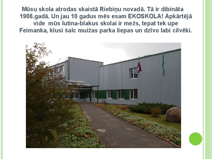 Mūsu skola atrodas skaistā Riebiņu novadā. Tā ir dibināta 1908. gadā. Un jau 10
