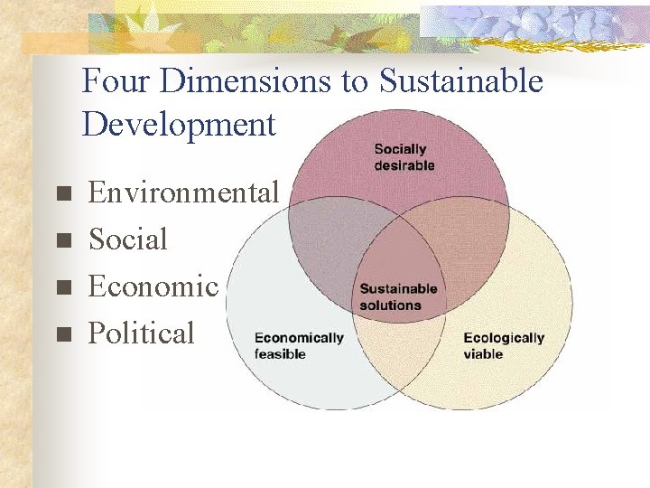 Four Dimensions to Sustainable Development n n Environmental Social Economic Political 