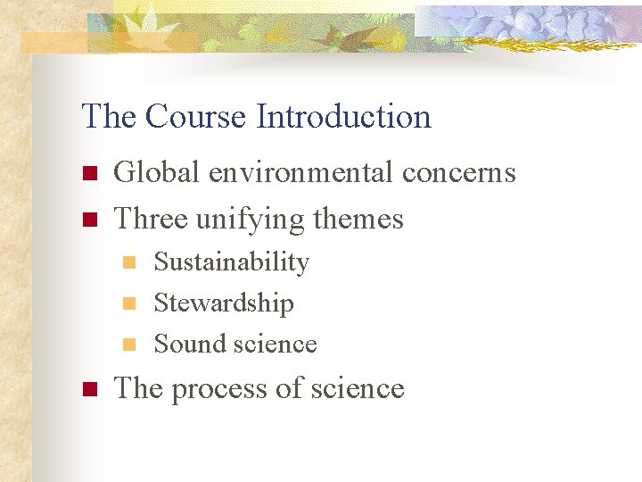 The Course Introduction n n Global environmental concerns Three unifying themes n n Sustainability