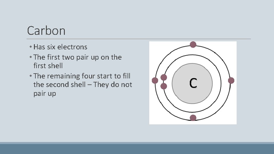 Carbon • Has six electrons • The first two pair up on the first