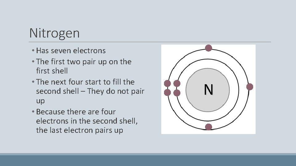 Nitrogen • Has seven electrons • The first two pair up on the first