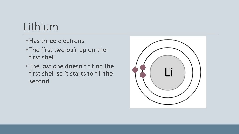 Lithium • Has three electrons • The first two pair up on the first