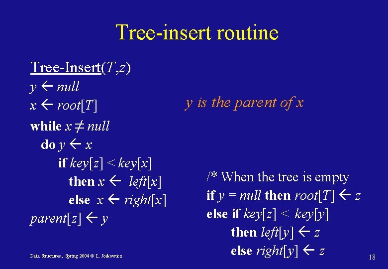 Tree-insert routine Tree-Insert(T, z) y null x root[T] while x ≠ null do y